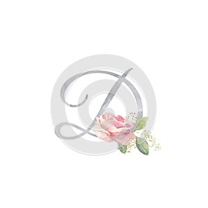 Watercolor letter D decorated with handpainted pink creamy rose