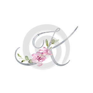 Watercolor letter K decorated with handpainted pink freesia