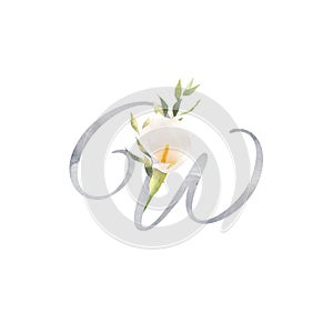 Watercolor letter M decorated with handpainted white calla lillyflower