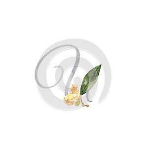 Watercolor letter U decorated with handpainted yellow freesia