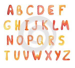 Watercolor letters in autumn colors. English alphabet
