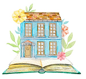 Watercolor library building in flowers located on book