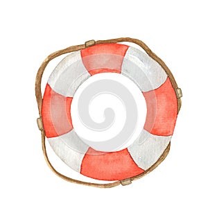 Watercolor lifebuoy with rope. Vintage Inflatable Circle for Drowning Rescue Isolated on White