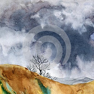 Watercolor lifeless landscape with dark stormy clouds and dry trees