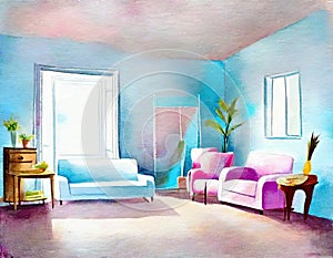 Watercolor of A of a light blue living room with an empty pink