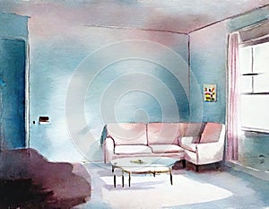 Watercolor of A of a light blue living room with an empty pink