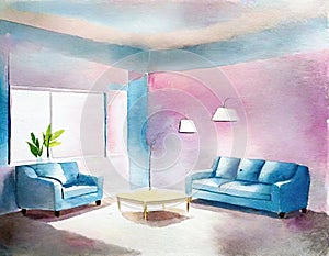 Watercolor of A of a light blue living room with an empty pink