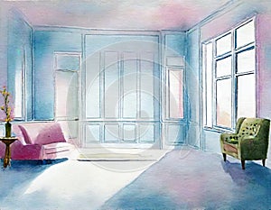 Watercolor of A of a light blue living room with an empty pink