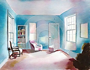 Watercolor of A of a light blue living room with an empty pink