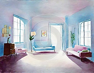 Watercolor of A of a light blue living room with an empty pink