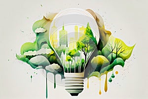 Watercolor light bulb green eco renewable energy concept. Generative ai