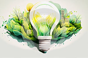 Watercolor light bulb green renewable energy concept. Generative ai design