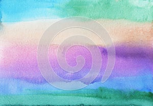 Watercolor light colorful stripes background. Green, blue, purple, peach watery backdrop.