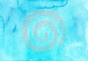 Watercolor light cyan blue background texture. Watercolour turquoise stains on paper