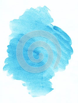 Watercolor light cyan blue spot on white background with space for text. Stains on paper