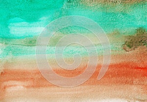Watercolor light green and orange background painting texture. Multicolored watercolour liquid backdrop. Brush strokes on paper