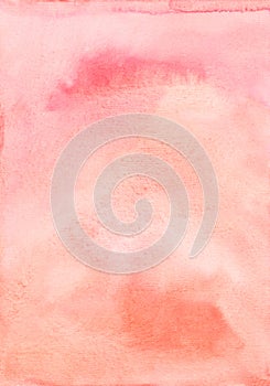 Watercolor light peach and coral colors background. Pastel pink and orange-pink backdrop. Stains on paper