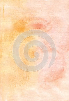 Watercolor light peach and coral colors background. Pastel pink and orange-yellow backdrop. Stains on paper