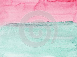 Watercolor light pink and green background painting texture. Abstract pastel landscape. Multicolored watercolour liquid backdrop.