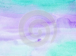Watercolor light sea green and purple background painting texture. Multicolored pastel soft backdrop. Stains on paper