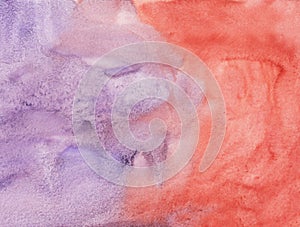 Watercolor light violet and red background painting texture. Multicolored watercolour pastel backdrop, stains on paper