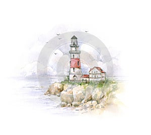 Watercolor lighthouse. Drawing of a sea landscape. Handwork.