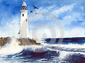 Watercolor lighthouse with gulls