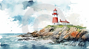 Watercolor Lighthouse Illustration Near The Sea photo