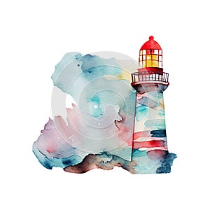 Watercolor lighthouse nautical illustration. Seascape isolated on white