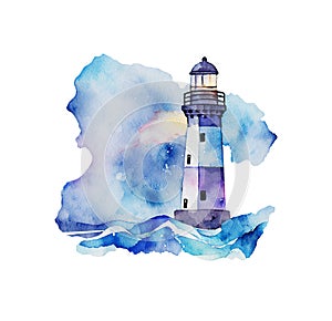 Watercolor lighthouse nautical illustration. Seascape isolated on white