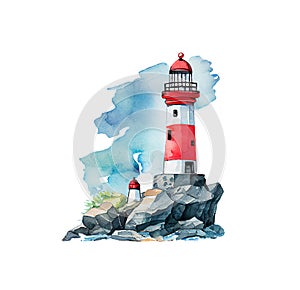 Watercolor lighthouse nautical illustration. Seascape isolated on white