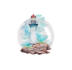 Watercolor lighthouse nautical illustration. Seascape isolated on white