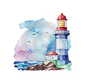 Watercolor lighthouse nautical illustration. Seascape isolated on white