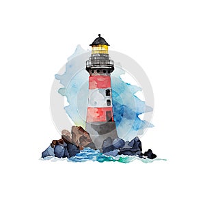 Watercolor lighthouse nautical illustration. Seascape isolated on white