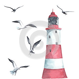 Watercolor lighthouse and seagulls