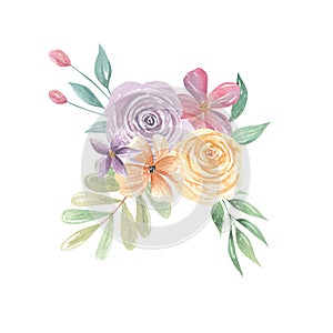 Watercolor Lilac Bouquet Purple Yellow Roses Floral Flowers Berries