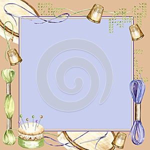 watercolor lilac frame with hand made tools, hand drawn sketch of embroidery, handiwork with flosses, yarn, pins