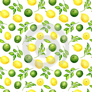 Watercolor lime and lemon with leaves seamless pattern. Hand painted fresh green and yellow citrus fruit illustration
