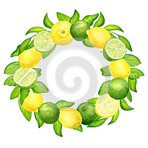 Watercolor lime and lemon with leaves wreath. Hand painted fresh green and yellow citrus fruit round frame isolated on white