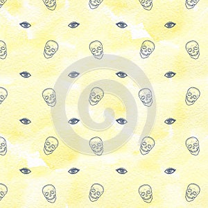 Watercolor line seamless skull pattern. Halloween design.