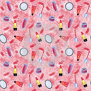 Watercolor lip stick mirrors pattern pink splashes background