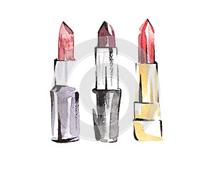 Watercolor lipsticks set. Fashion makeup sketches. Vogue style. Beauty and cosmetic illustration.