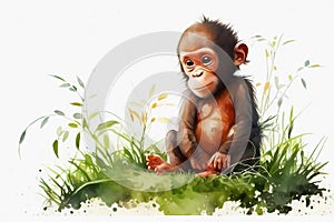 Watercolor little ape sitting in gras. Generative ai