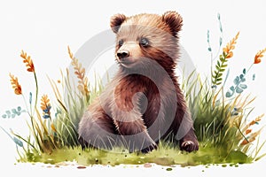 Watercolor little brown bear sitting in gras. Generative ai