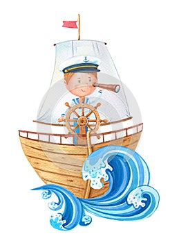 Watercolor little captain at the wheel on ahoy wooden ship.Cute cartoon boy in a sailor suit looks through a telescope.