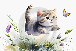 Watercolor little cat is jumping. Generative ai