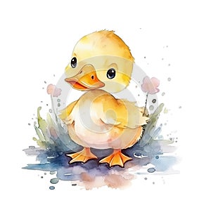 Watercolor little cute duckling isolated on white background