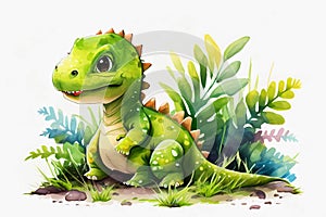 Watercolor little dinosaur sitting in gras. Generative ai