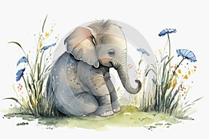 Watercolor little elephant in gras. Generative ai