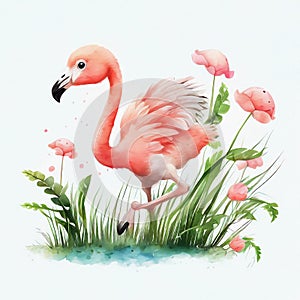 Watercolor little flamingo in gras. Generative ai